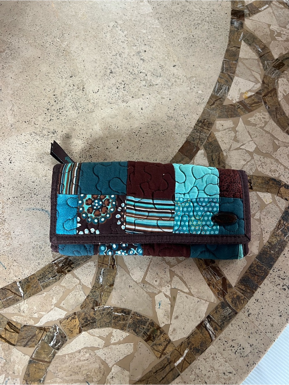 Patchwork Quilted Wallet - Teal & Brown